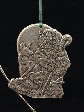 Vintage Pewter Santa Christmas Ornament Santa with Woodland Animals Design